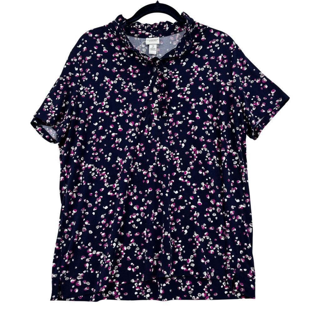 Weekends by Chico's Blouse Top Size L Blue Floral Print Ruffle Neck Short Sleeve